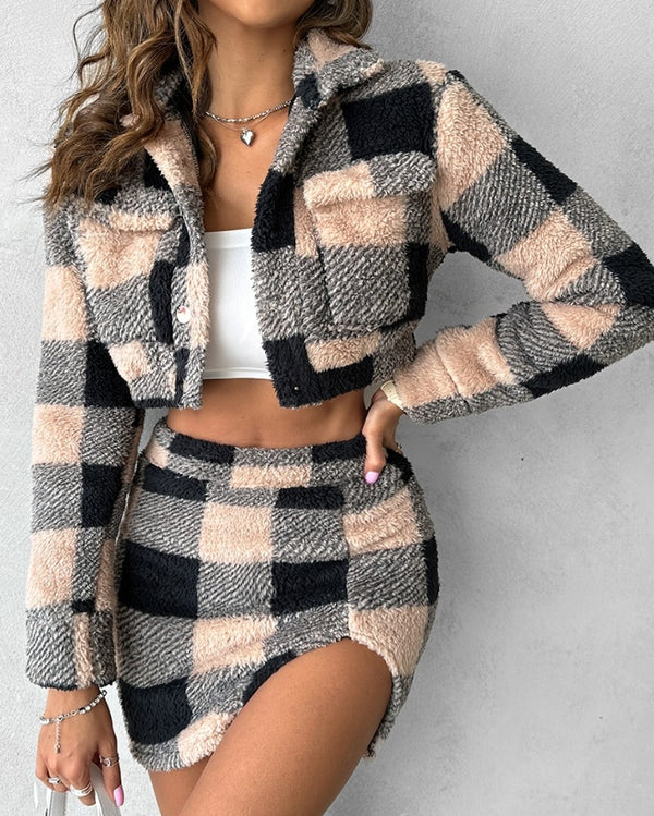 Women's Casual Plaid Pattern Crop Teddy Jacket & Slit Skirt Set Female Clothing New Winter Women Sweet Skinny Two Piece Outfits