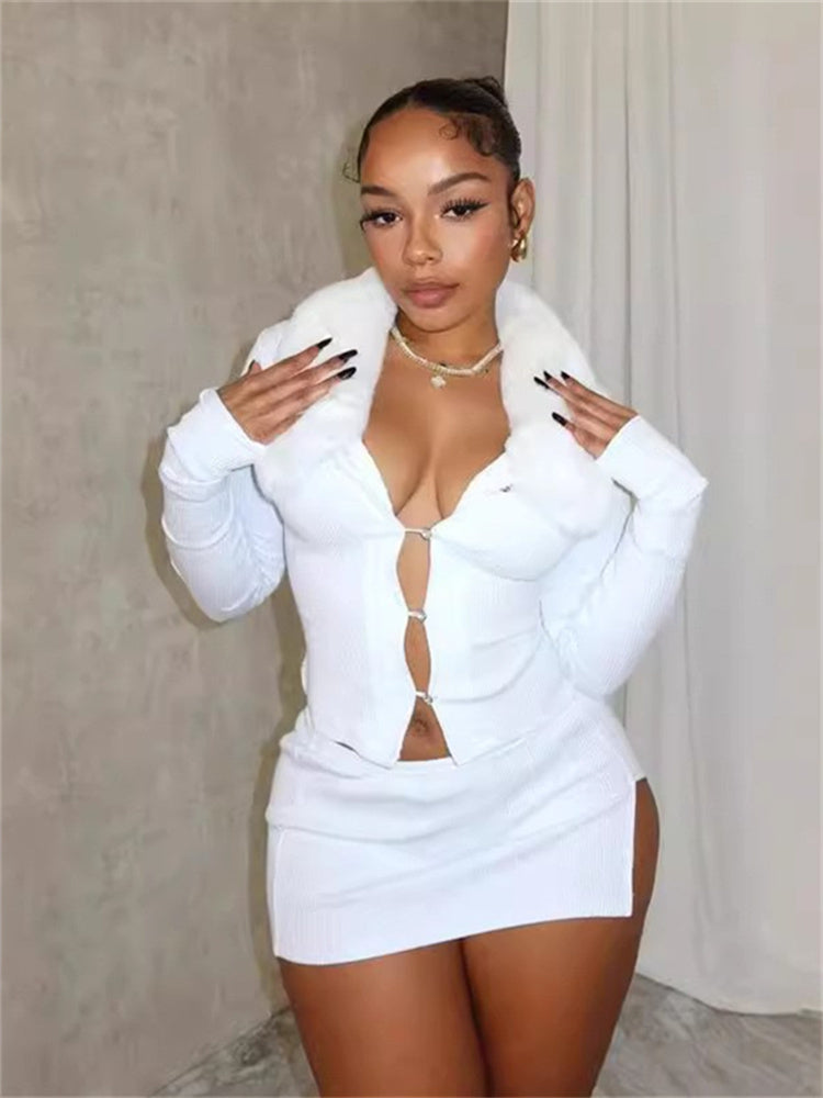 Sexy Fluffy Collar Crop Jacket+Ribbed Mini Skirts Sexy Trend Suit