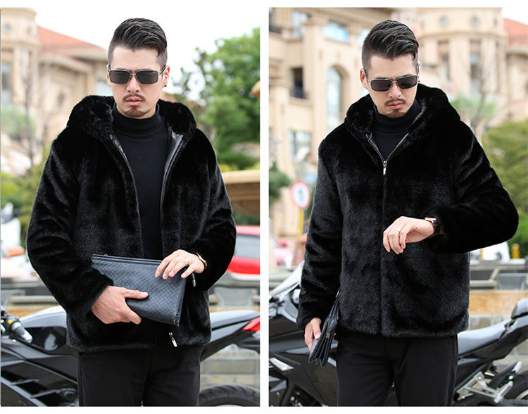 Winter Warm Flowing Gold Mink Vegan Sheep Sheared Fur Zipper Men's Solid Hooded Jacket