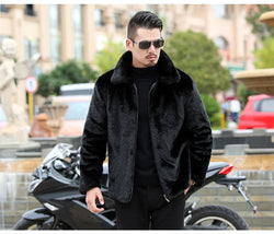 Winter Warm Flowing Gold Mink Vegan Sheep Sheared Fur Zipper Men's Solid Hooded Jacket