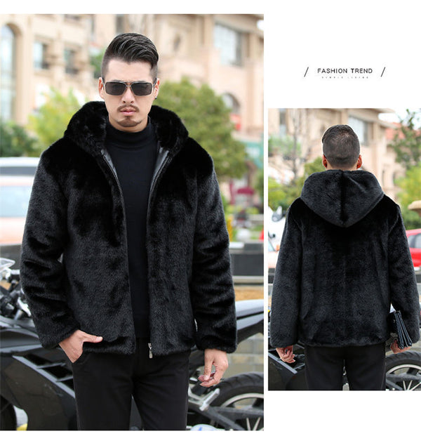 Winter Warm Flowing Gold Mink Vegan Sheep Sheared Fur Zipper Men's Solid Hooded Jacket