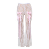 Bandage High Waist Lace Perspective Bow Pants For Women 2024 Spring New Spicy Ladies
