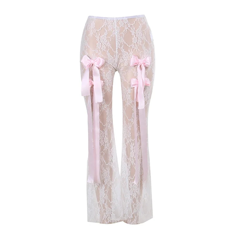 Bandage High Waist Lace Perspective Bow Pants For Women 2024 Spring New Spicy Ladies
