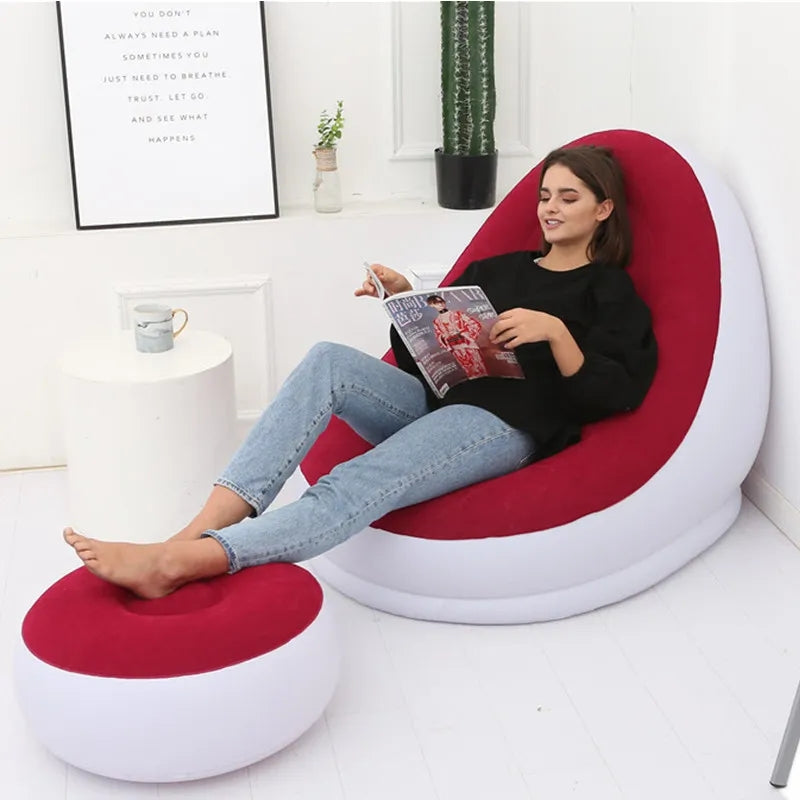 Inflatable Sofa With Foot Pad Lounger Luxury Style Flocking Bed Outdoor Furniture Portable Single Sofa Couch Chair