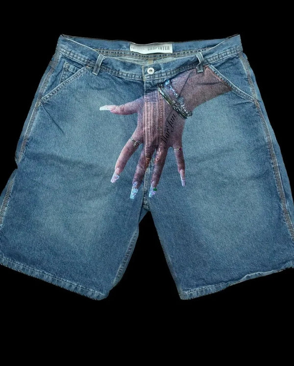 Men's Blue Jean Shorts With Women's Hand Print Bandage