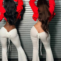 Front And Back Draw String Lace Up Low Waist Sexy Wide Legs Flared Women's Trousers