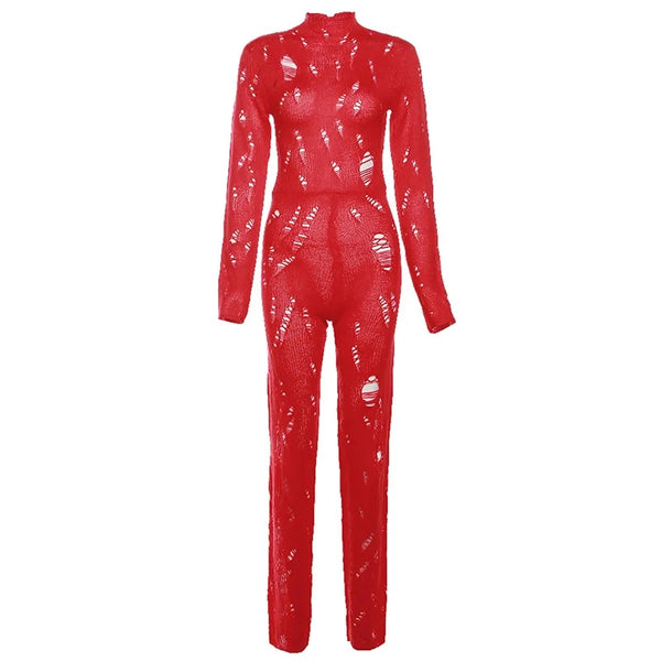 Ice Spice Red Ripped Jumpsuit Women Autumn Behind Shirring Skinny Fashion Activity Sexy Hipster Stretch Streetwear Overalls