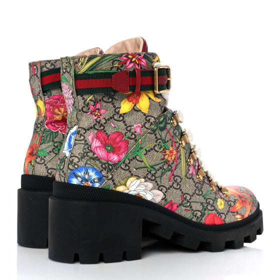 GG Supreme Monogram Flora Lace Up Combat Ankle Boots