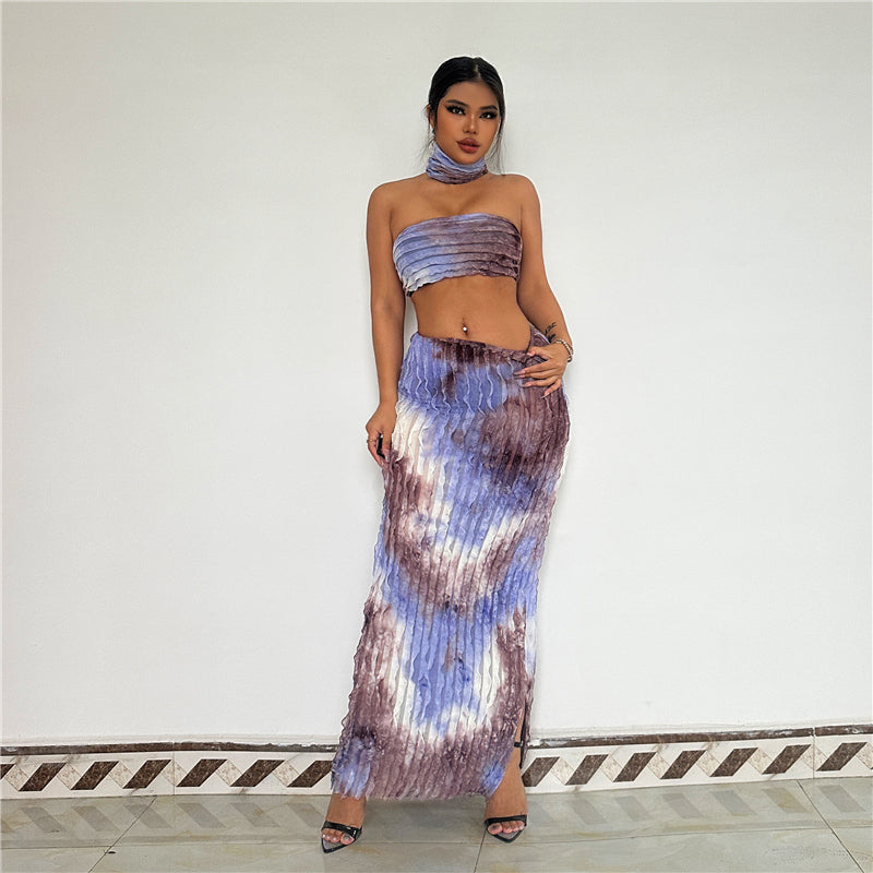 Sexy Tie Dye Scarf Strapless Tube Crop Top Maxi Skirts Suit 3 Piece Matching Sets Summer Women Streetwear Slim Fashion Outfits