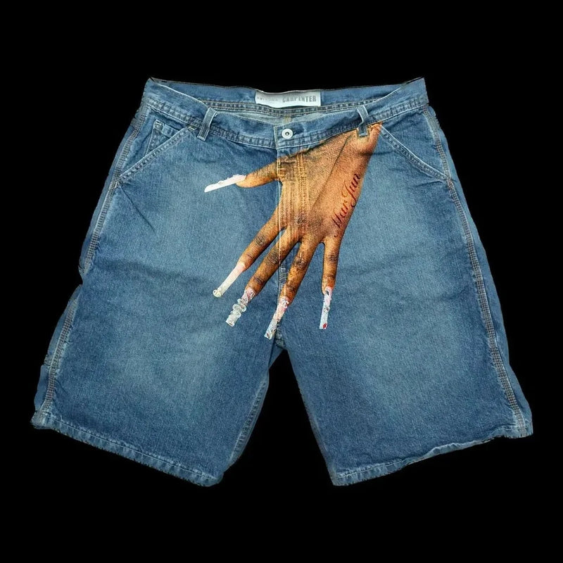 Men's Blue Jean Shorts With Women's Hand Print Bandage