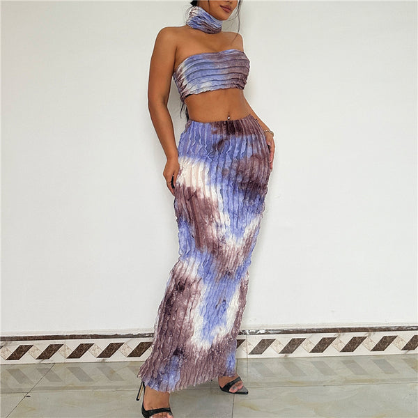 Sexy Tie Dye Scarf Strapless Tube Crop Top Maxi Skirts Suit 3 Piece Matching Sets Summer Women Streetwear Slim Fashion Outfits
