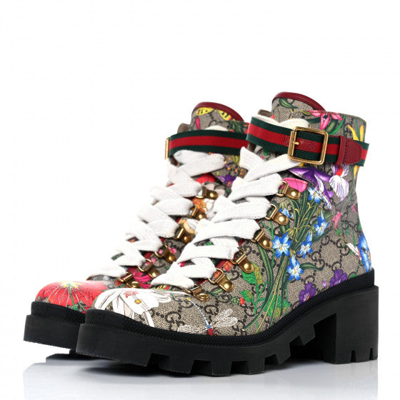 GG Supreme Monogram Flora Lace Up Combat Ankle Boots