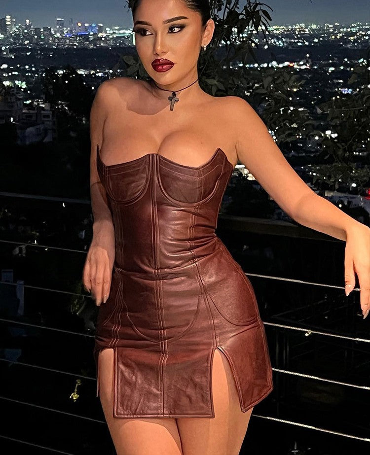 Sexy gorgeous backless party dress split faux leather midnight wear
