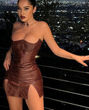 Sexy gorgeous backless party dress split faux leather midnight wear