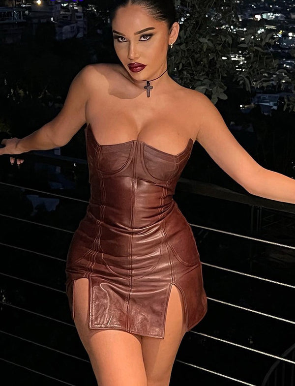 Sexy gorgeous backless party dress split faux leather midnight wear