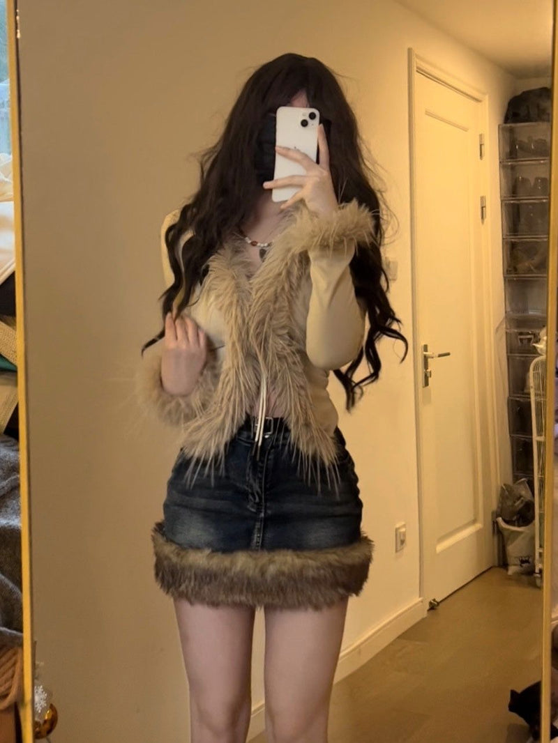 Washed Fur Paneled Denim Skirt for Women Retro Sexy Hot Girl High Waist A-line Skirt Y2k Skirt Fashion Casual Package Hip Skirt