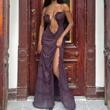 Fancy fall frilly halter neck backless split aesthetics sexy long party dress