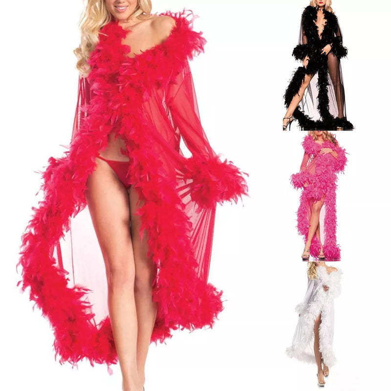 Glamour Flim Model Lingerie Kimono Robe See Through Lace Feathers - TimelessGear9