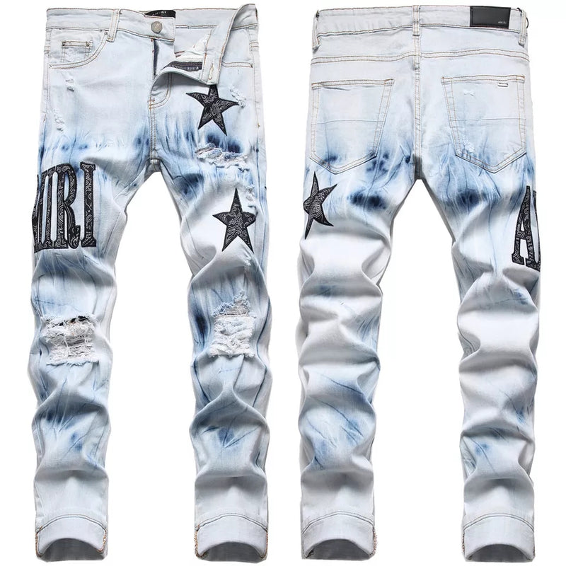 Men's Light Luxury Slim Fit Stretch Blue Jeans Amiri Hip Hop Jeans - TimelessGear9