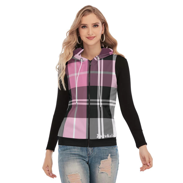 Pink Plaid Women's Sleeveless Hoodie With Zipper Closure - TimelessGear9