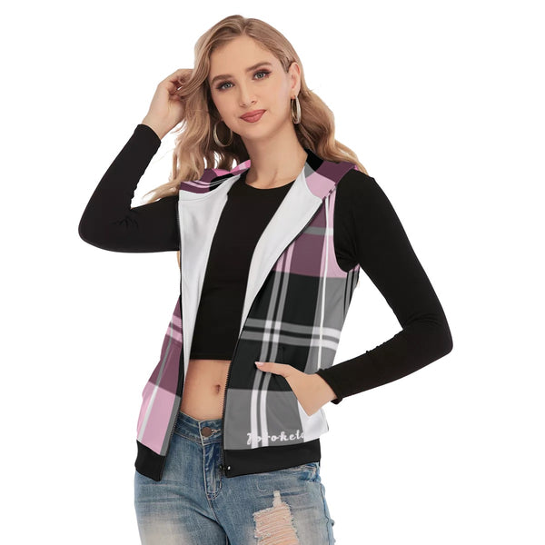 Pink Plaid Women's Sleeveless Hoodie With Zipper Closure - TimelessGear9