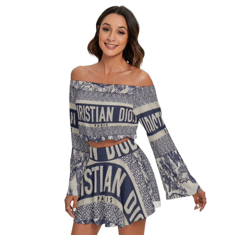 Navy Blue Dior Women's Off-shoulder Top And Skirt Set - TimelessGear9