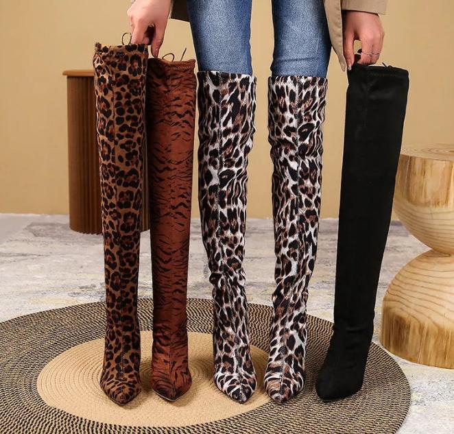 Ladies Leopard Print Knee High Boots - TimelessGear9