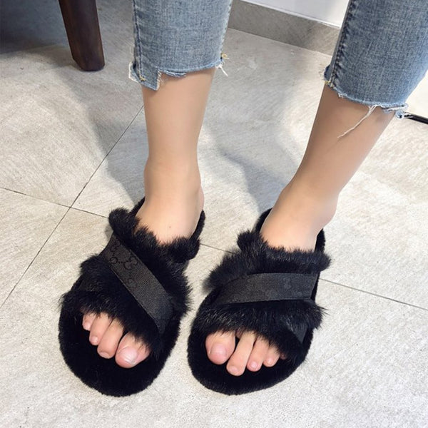 Luxury Brand Women Cross-tied Rabbit Fur Slippers Faux Fur Plush Slides - TimelessGear9