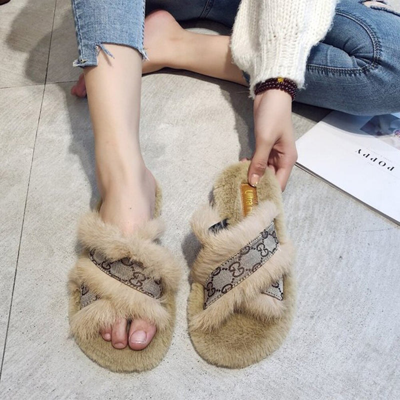 Luxury Brand Women Cross-tied Rabbit Fur Slippers Faux Fur Plush Slides - TimelessGear9