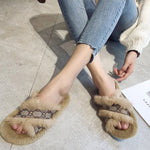 Luxury Brand Women Cross-tied Rabbit Fur Slippers Faux Fur Plush Slides - TimelessGear9
