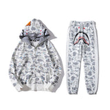A Bathing Ape 2023 Fashion Camouflage Shark Head Men Hooded Streetwear Hooded sweater+Pants 2pcs Set