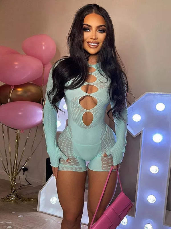 Baby Blue Sexy Transparent Mesh Bodycon Slim Playsuit - TimelessGear9