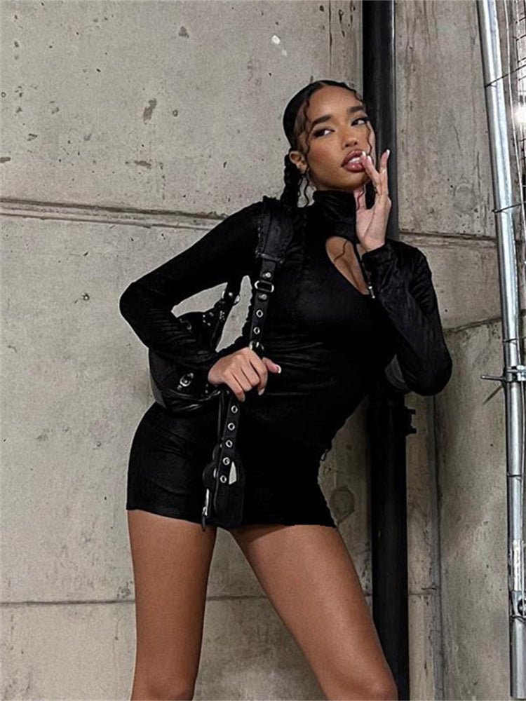 Black Criss Cross Bandage Mini Dress Streetwear Outfits For Woman 2024 Fashion Hollow Out Short Dress Gothic - TimelessGear9