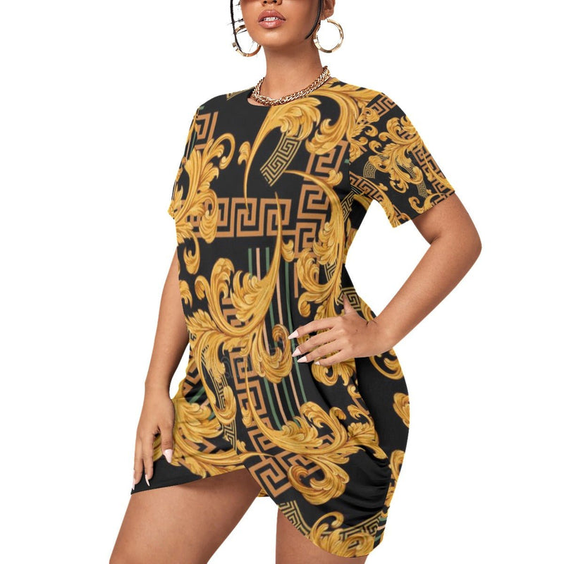 Black & Gold Versace Stylish Women’s Stacked Hem Dress With Short Sleeve（Plus Size） - TimelessGear9