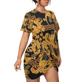 Black & Gold Versace Stylish Women’s Stacked Hem Dress With Short Sleeve（Plus Size） - TimelessGear9