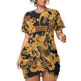 Black & Gold Versace Stylish Women’s Stacked Hem Dress With Short Sleeve（Plus Size） - TimelessGear9