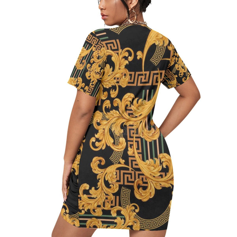 Black & Gold Versace Stylish Women’s Stacked Hem Dress With Short Sleeve（Plus Size） - TimelessGear9