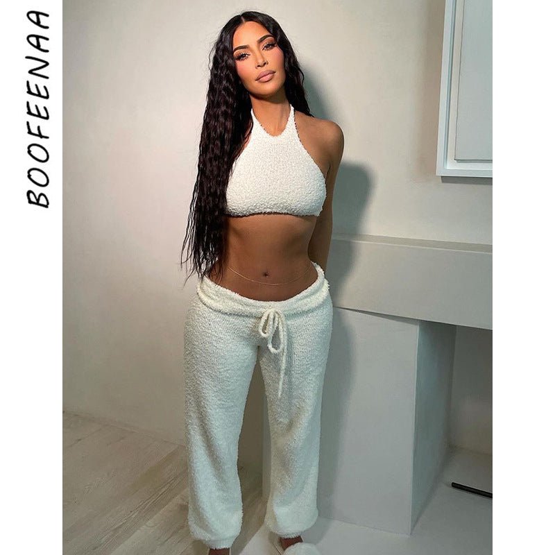 BOOFEENAA Kim K. White Fleece Fluffy 2 Piece Sets Womens Outfits Crop Top and Pants Joggers Casual Sexy Lounge Wear - TimelessGear9
