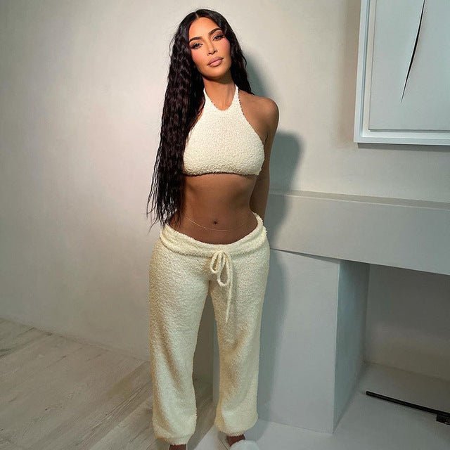 BOOFEENAA Kim K. White Fleece Fluffy 2 Piece Sets Womens Outfits Crop Top and Pants Joggers Casual Sexy Lounge Wear - TimelessGear9