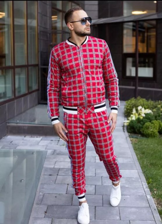 Cherry Apple Red Plaid Luxury Men Sports Suit Long Sleeve Casual Sports Wear - TimelessGear9