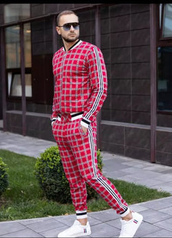 Cherry Apple Red Plaid Luxury Men Sports Suit Long Sleeve Casual Sports Wear - TimelessGear9