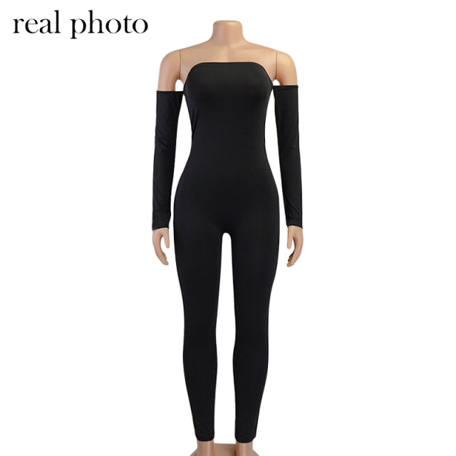 Simenual Off Shoulder Bodycon Rompers Womens Jumpsuit Long Sleeve Sporty Workout bodysuit - TimelessGear9