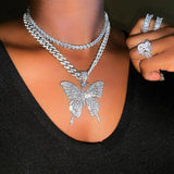 Pink Clear Crystal Butterfly Pendant Charm Miami Curb Cuban Chain Hip Hop Necklace Rapper Gift Rock for Men Women Jewelry - TimelessGear9
