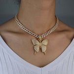 Pink Clear Crystal Butterfly Pendant Charm Miami Curb Cuban Chain Hip Hop Necklace Rapper Gift Rock for Men Women Jewelry - TimelessGear9