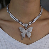 Pink Clear Crystal Butterfly Pendant Charm Miami Curb Cuban Chain Hip Hop Necklace Rapper Gift Rock for Men Women Jewelry - TimelessGear9