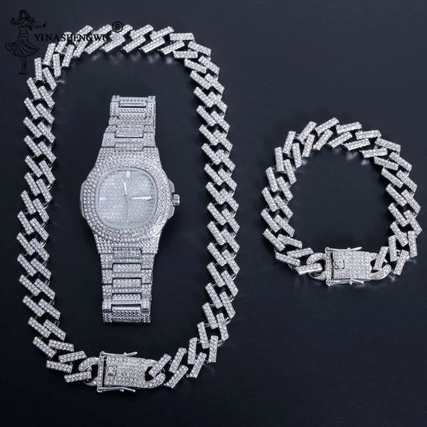 Hip Hop Gold Color Necklace +Watch+Bracelet Miami Curb Cuban Chain Iced Out Paved Rhinestones CZ Bling Rapper For Men Jewelry - TimelessGear9