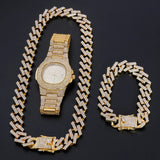 Hip Hop Gold Color Necklace +Watch+Bracelet Miami Curb Cuban Chain Iced Out Paved Rhinestones CZ Bling Rapper For Men Jewelry - TimelessGear9