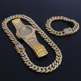 Hip Hop Gold Color Necklace +Watch+Bracelet Miami Curb Cuban Chain Iced Out Paved Rhinestones CZ Bling Rapper For Men Jewelry - TimelessGear9