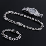 Hip Hop Gold Color Necklace +Watch+Bracelet Miami Curb Cuban Chain Iced Out Paved Rhinestones CZ Bling Rapper For Men Jewelry - TimelessGear9