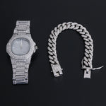 Hip Hop Gold Color Necklace +Watch+Bracelet Miami Curb Cuban Chain Iced Out Paved Rhinestones CZ Bling Rapper For Men Jewelry - TimelessGear9